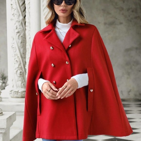 Red Casual Womens Lapel Neck Double Breasted Cape Overcoat - Picture 4 of 6